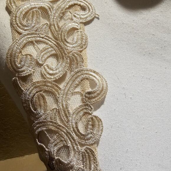 Ryu L Lace Mesh Dress Tan Cream Romantic Boho Cottagecore Vintage Fit Flare - Picture 9 of 16